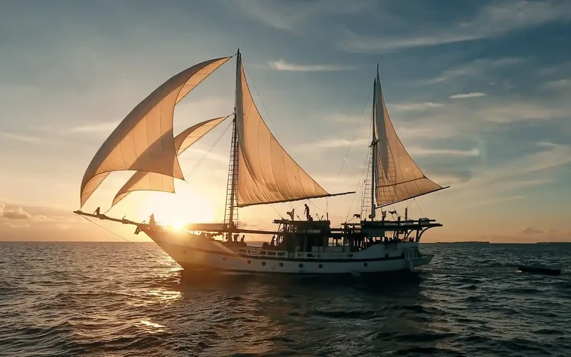 A phinisi under sail at sunset