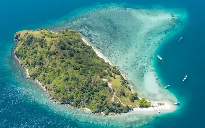 Aerial view of a small green island ringed by turquoise shallows